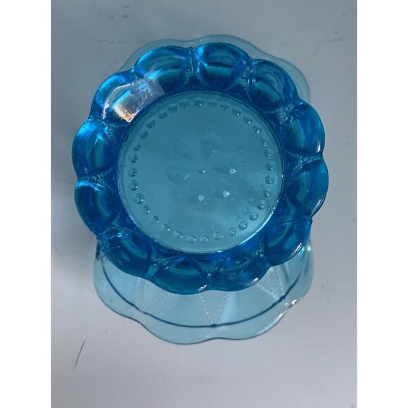 Vintage Kemple Blue Glass Basket Hat Vase Lace Dew Drop Pattern Lace N Dewdrop - Picture 7 of 13